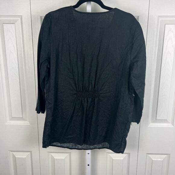 JM Collection Black Large White Floral Print V Neck Tunic Linen Blouse Size 14 - Picture 6 of 6